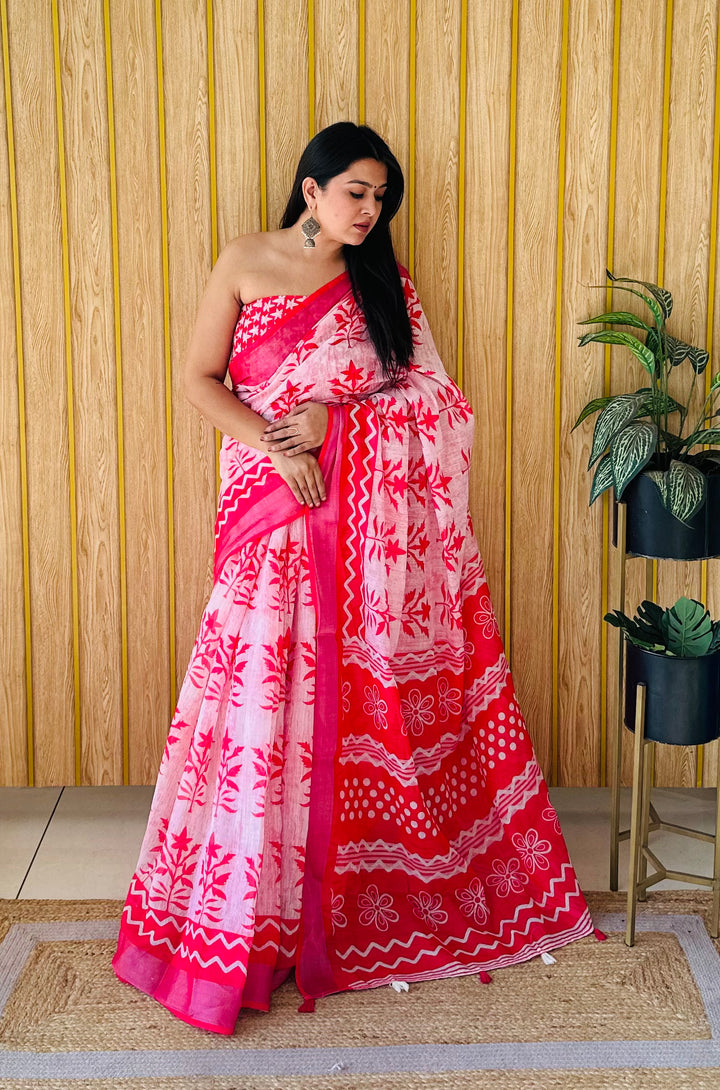 White And Pink Namrata Soft Linen Cotton Digital Print Sarees With Batik Print With Silver Border