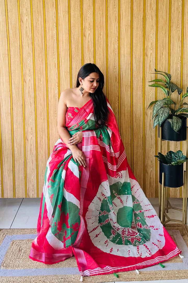 Green And Red Khushboo Soft Linen Cotton Digital Print Sarees With Batik Print With Silver Border