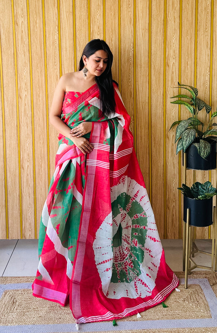 Green And Red Khushboo Soft Linen Cotton Digital Print Sarees With Batik Print With Silver Border