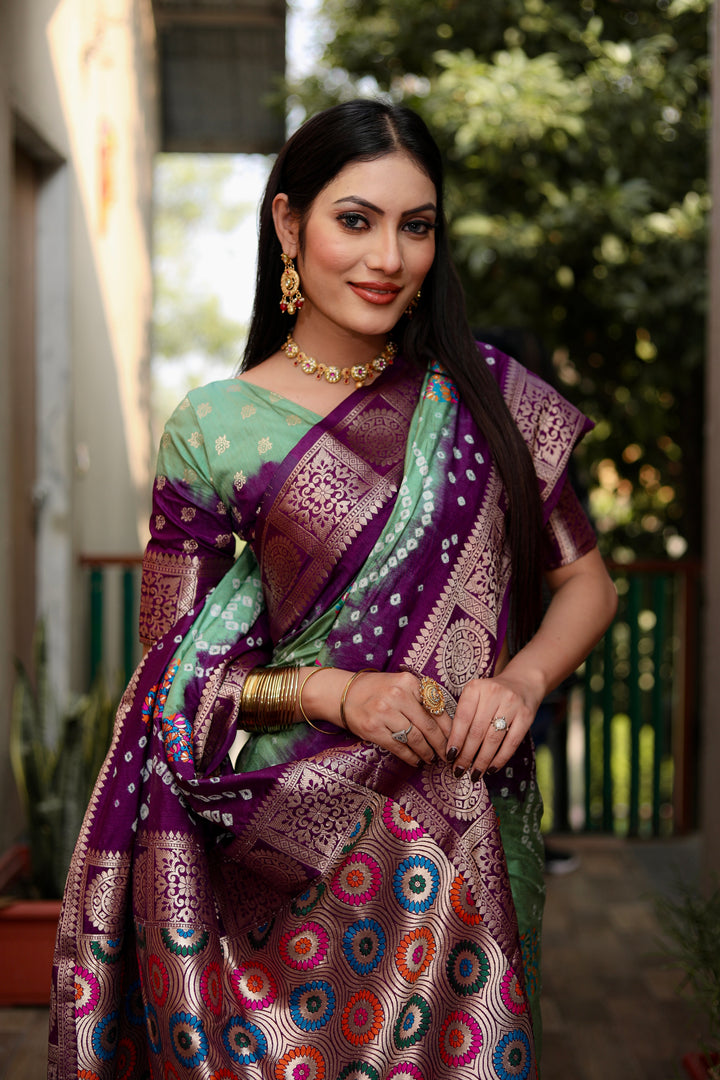 Green Ishani Pure Bandhej Silk Saree Minakari Weaving Butta With Zari