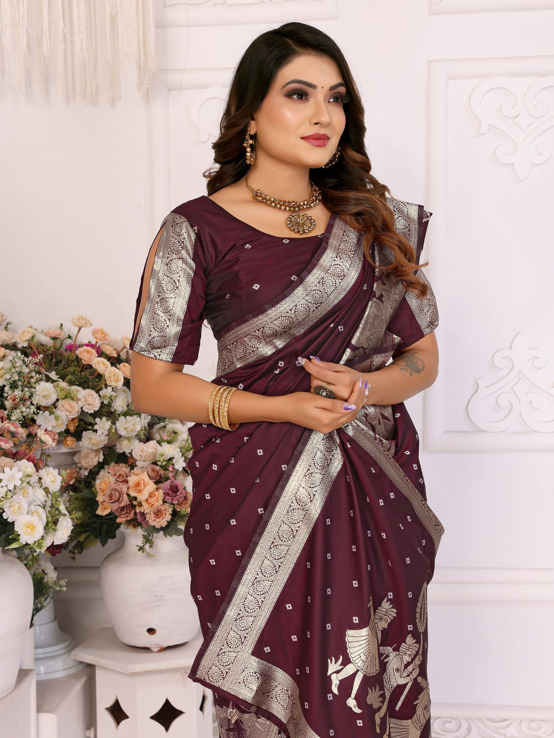 Dark Brown Heena summer kochi silk saree with beautiful Bandhej weaving work soft comfy....