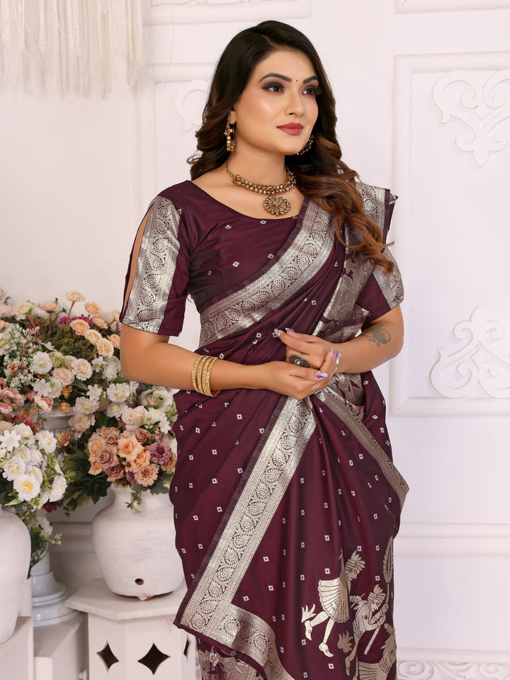 Dark Brown Heena summer kochi silk saree with beautiful Bandhej weaving work soft comfy....