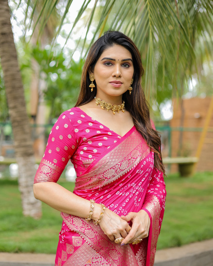 Pink Padmavati Dola Soft Silk Bandhej Saree With All Over Handmade Bandhej With Jari Weaving Border