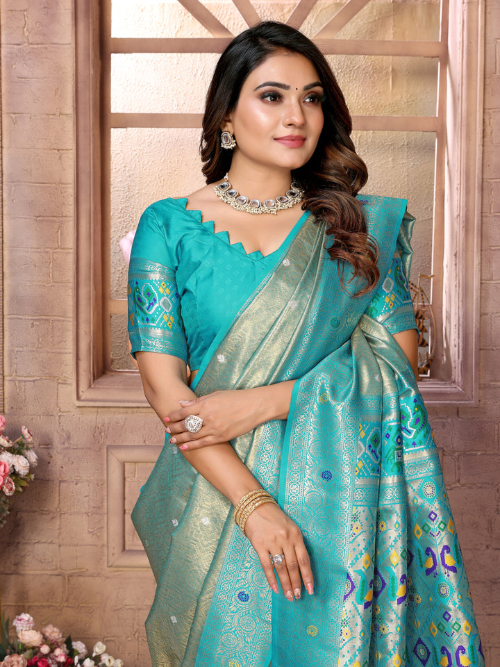 Sky Blue Vimala Banarasi Silk Saree With Contrast Paithani Woven Borders & Pallu