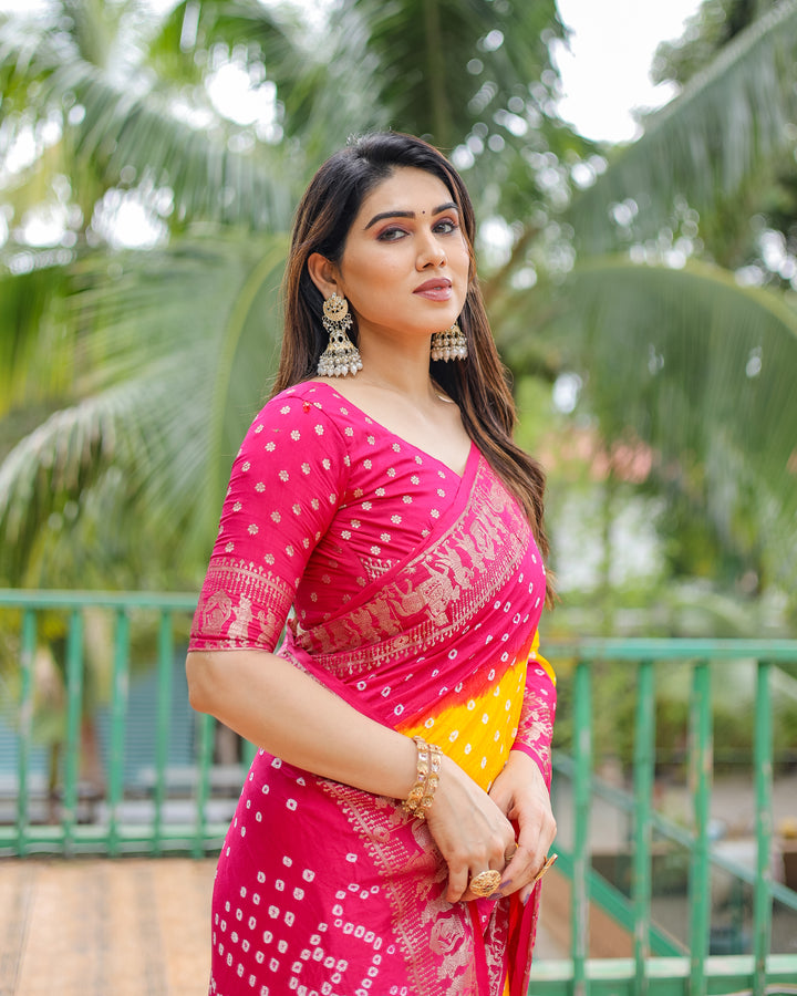 Yellow Vamika Pure Bandhej Silk Saree With Bandhej Border & Zari Weaving Rich Tissue Pallu