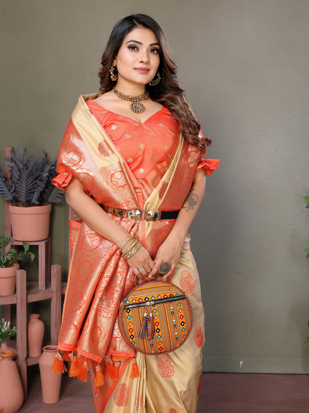 Orange Jugani Viscose Silky Sarees And weaving Butties with contrast border, Rich pallu