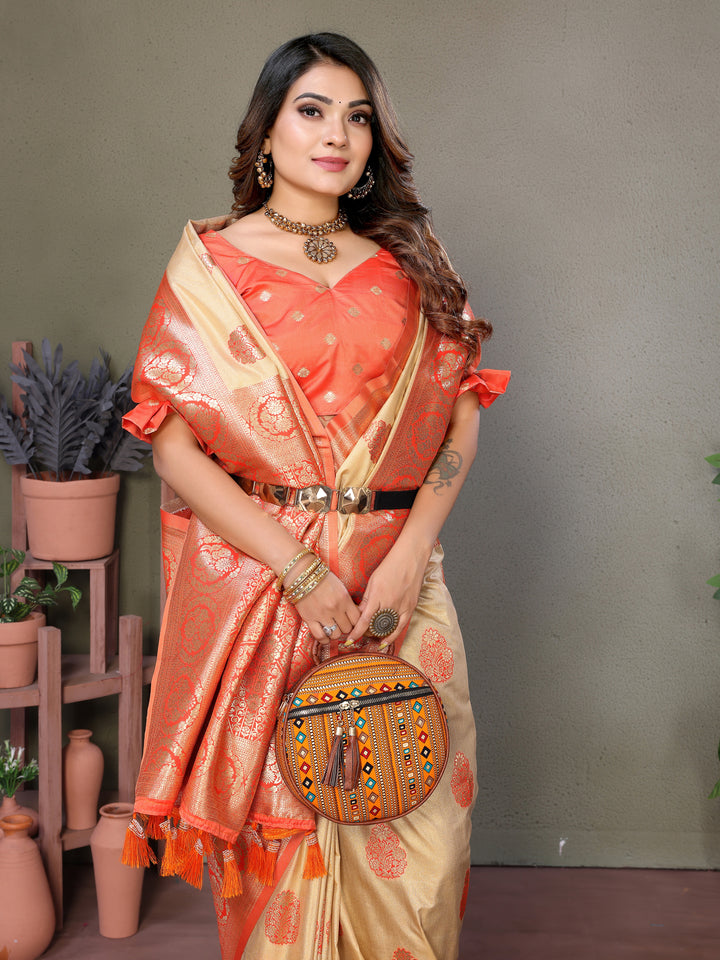 Orange Jugani Viscose Silky Sarees And weaving Butties with contrast border, Rich pallu