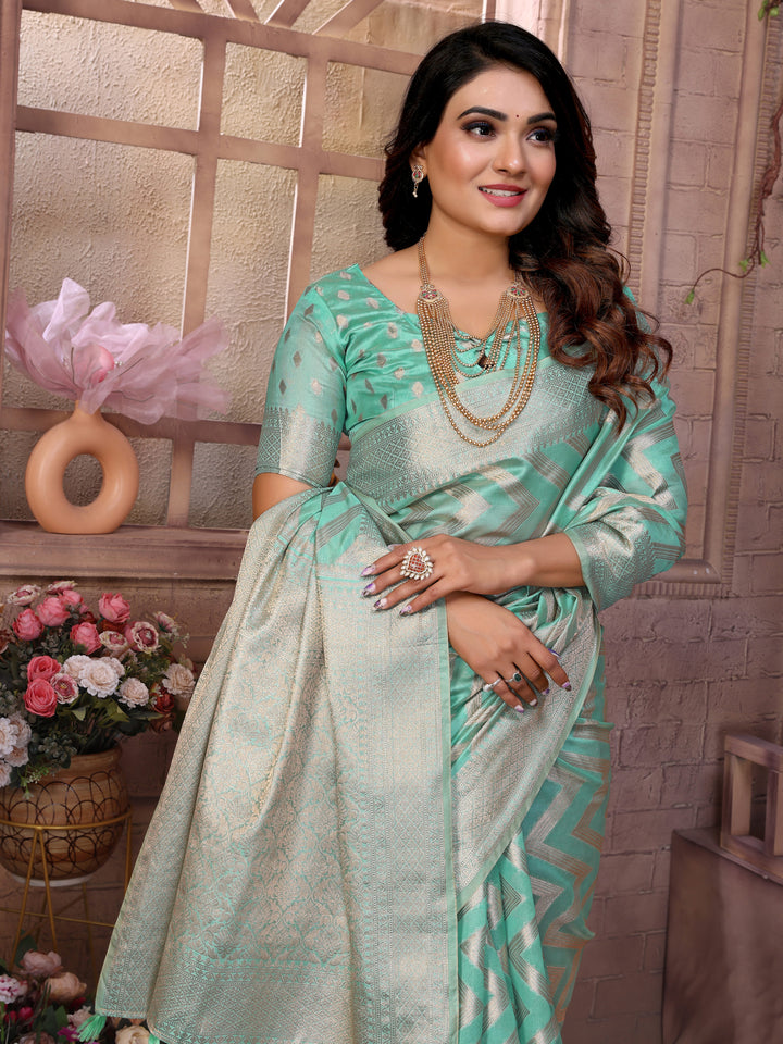 Light-Green Dwija Soft Organza Silk Banarasi Saree With Unique Butta With Unique Colours