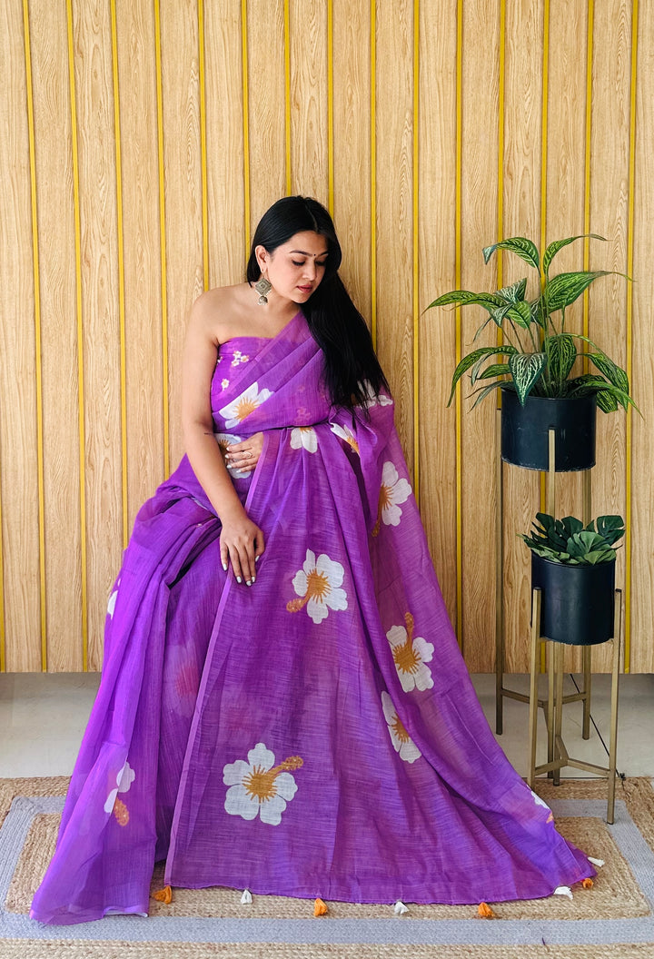 Purple Champa-2 Soft Linen Cotton Digital Print Sarees With Flower Print & Printed Pallu