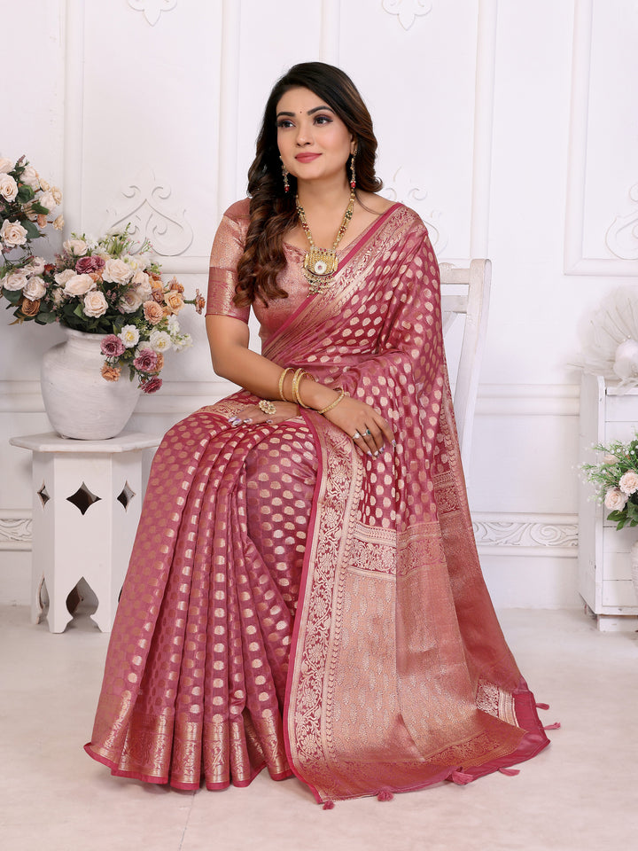 Pink Aruni Soft Organza Silk Banarasi Saree With Unique Butta With Unique Colours