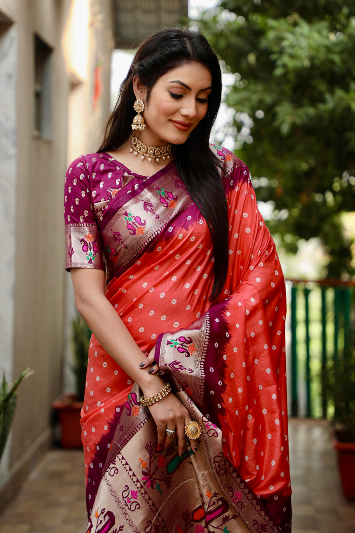 Peach Chandani Dola Soft Silk Bandhej Saree With Jari Paithani Border