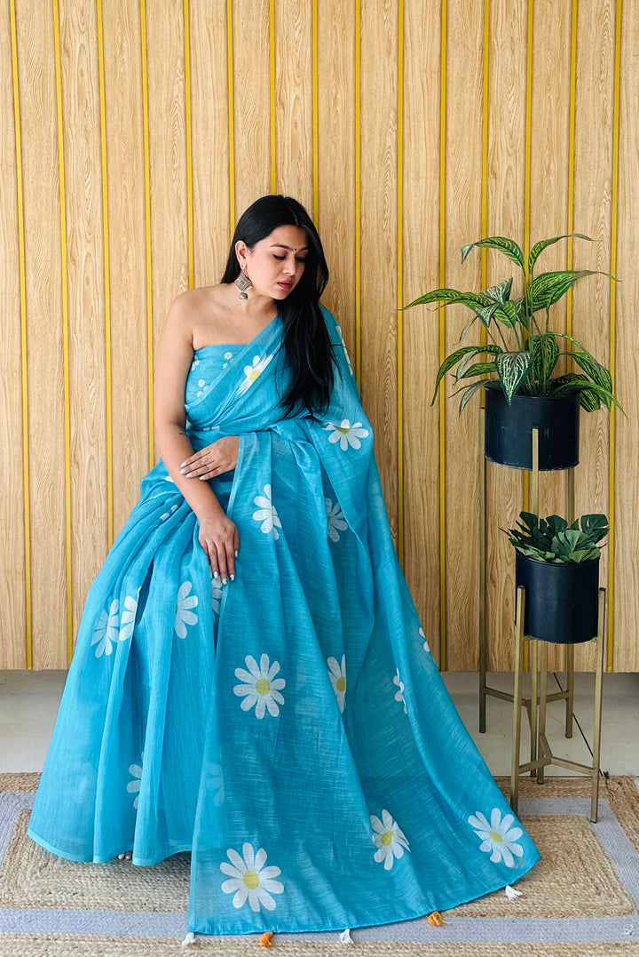Sky Blue Champa-1 Soft Linen Cotton Digital Print Sarees With Flower Print & Printed Pallu
