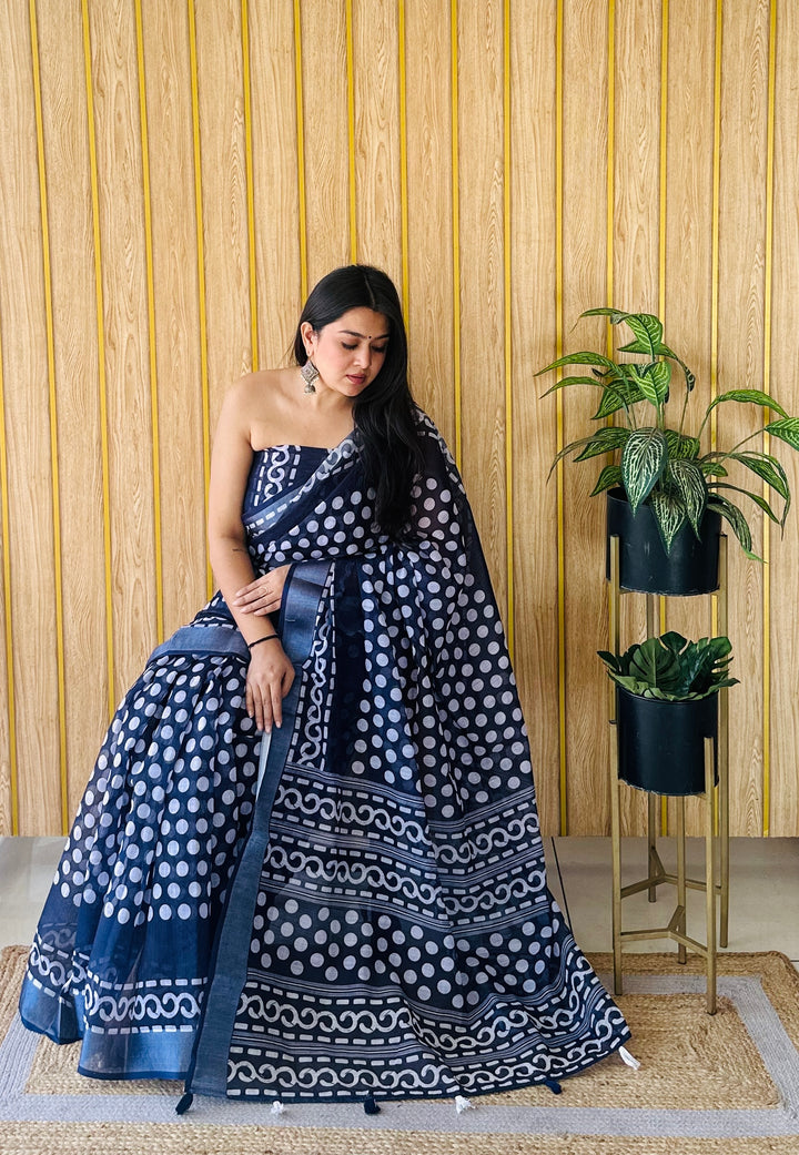 Navy Blue Aarya-4 Soft Linen Cotton Digital Print Sarees With Batik Print With Silver Border