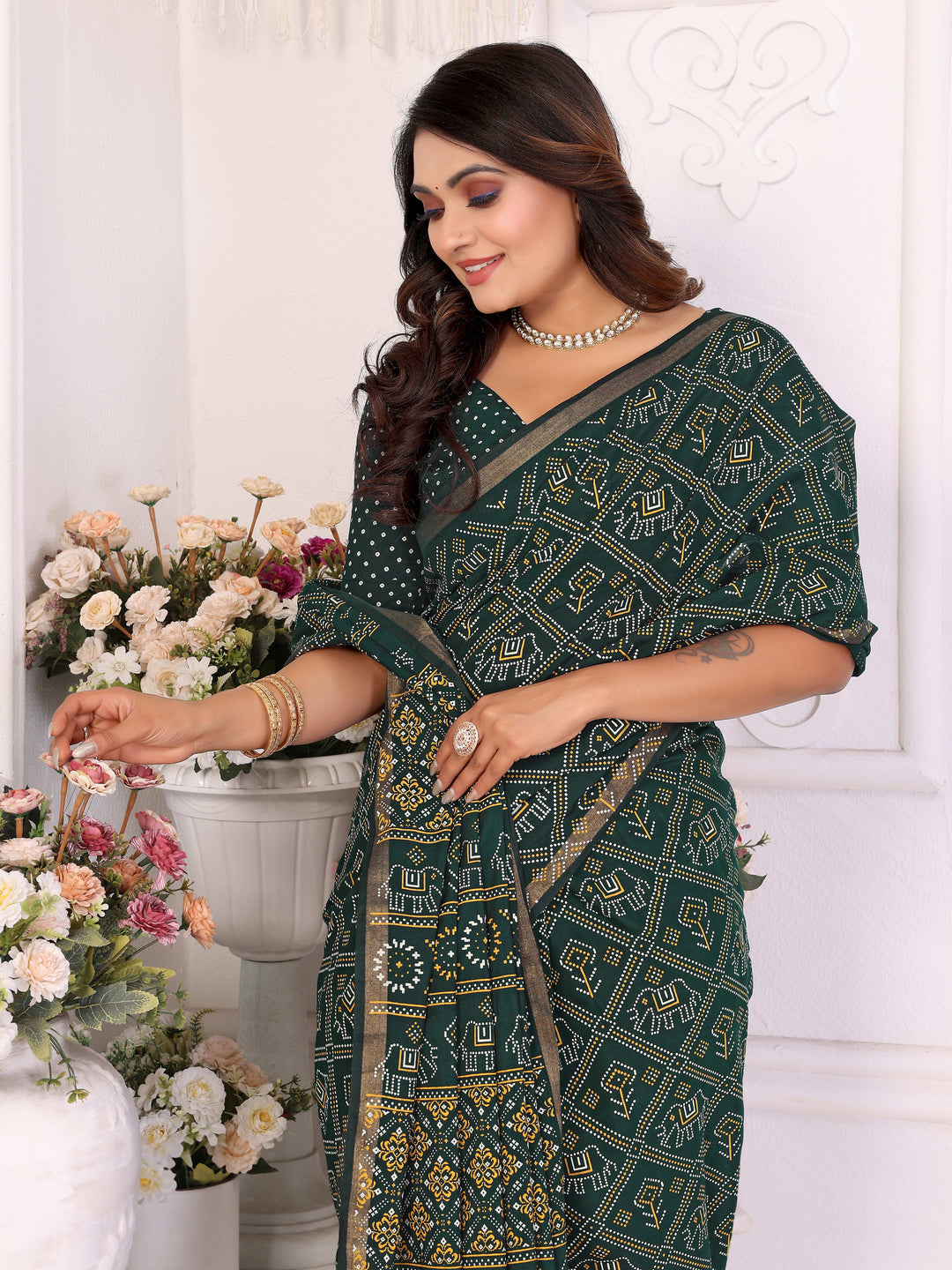 Green Ambika Pure Patola And Bandhej Pattern Soft Cotton Light Weight Saree