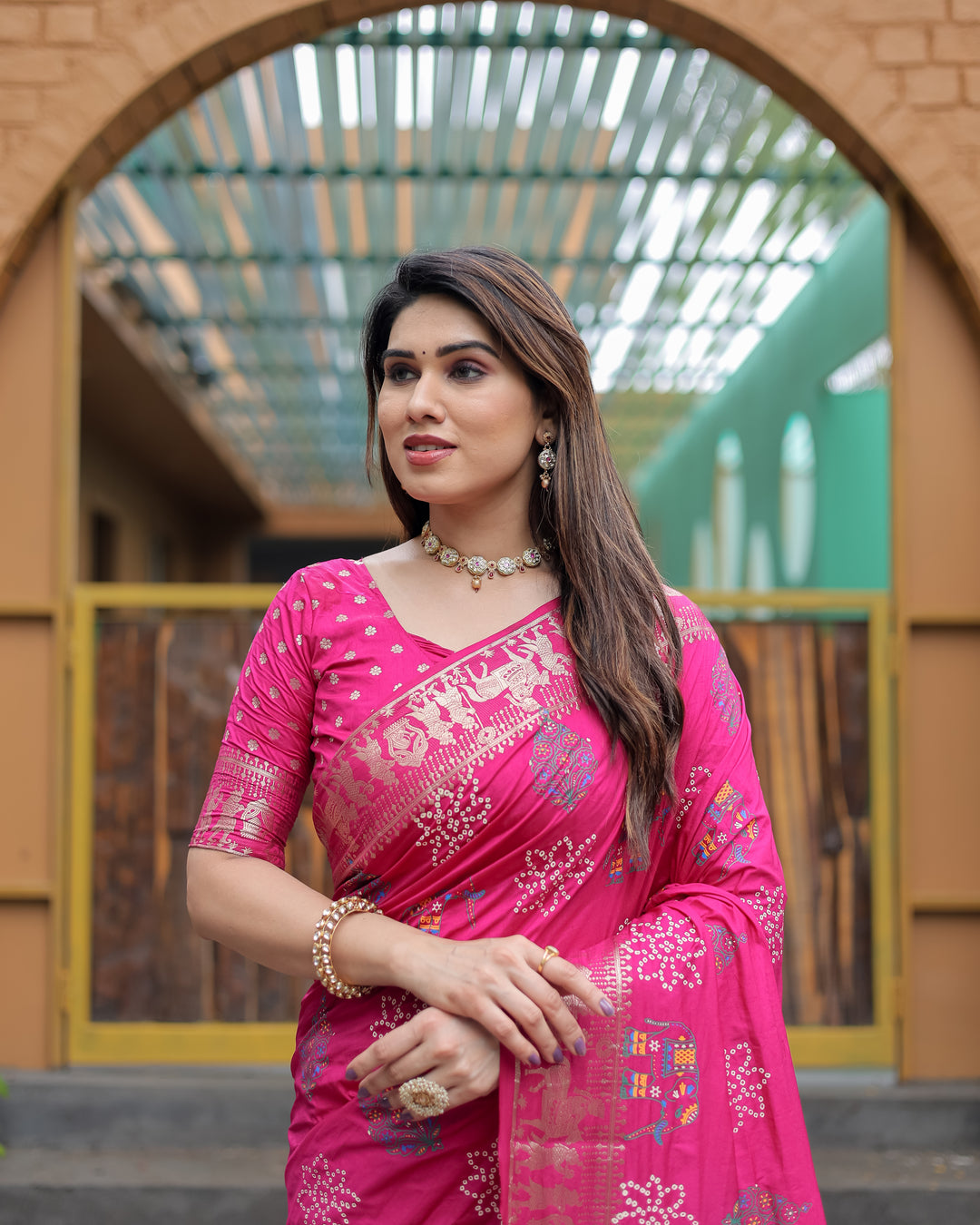 Pink Mastani Soft Dola Silk Bandhej Print Sarees With Kanchi Weaving Border And Allover Zari Border