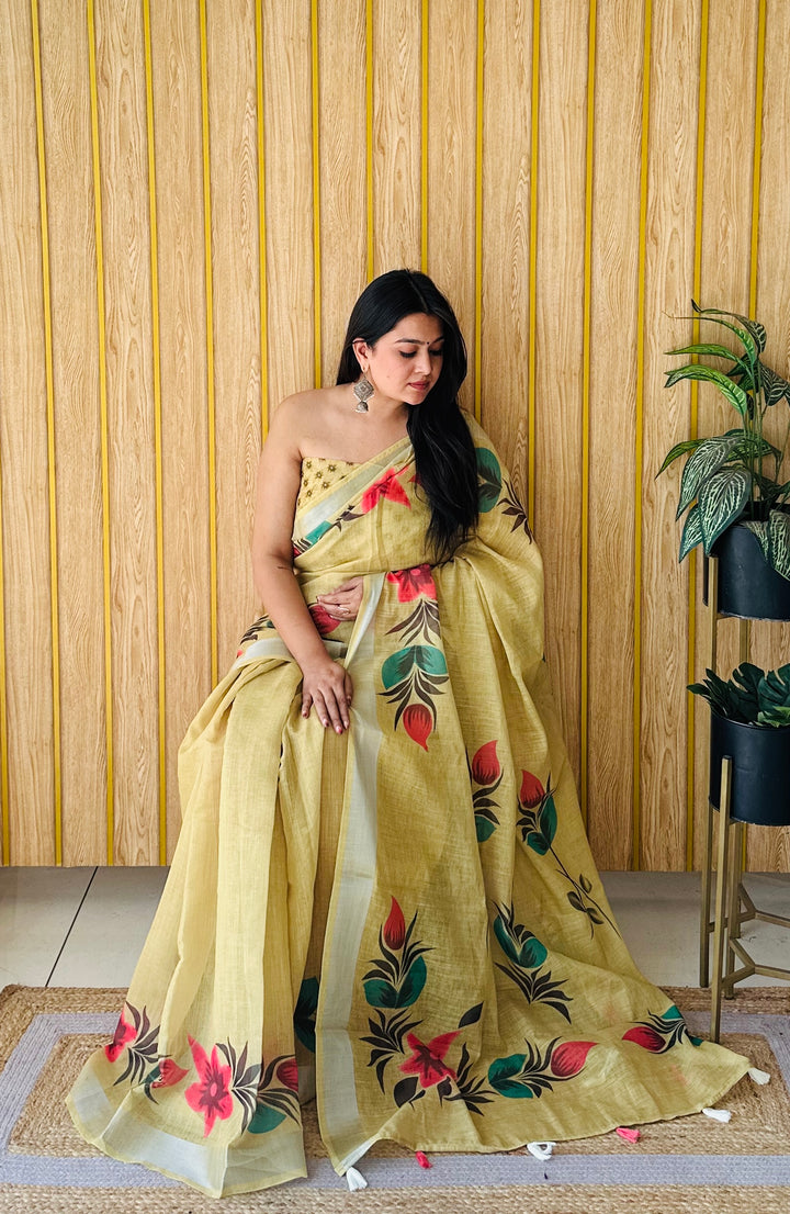 Yellow Muskan Soft Linen Cotton Digital Print Sarees With Batik Print With Silver Border