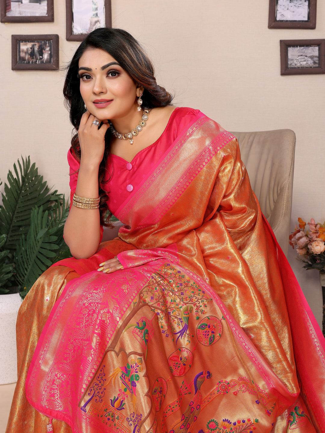 Orange Vantara Banarasi Tissue Silk Saree With Contrast Paithani Woven Borders & Pallu