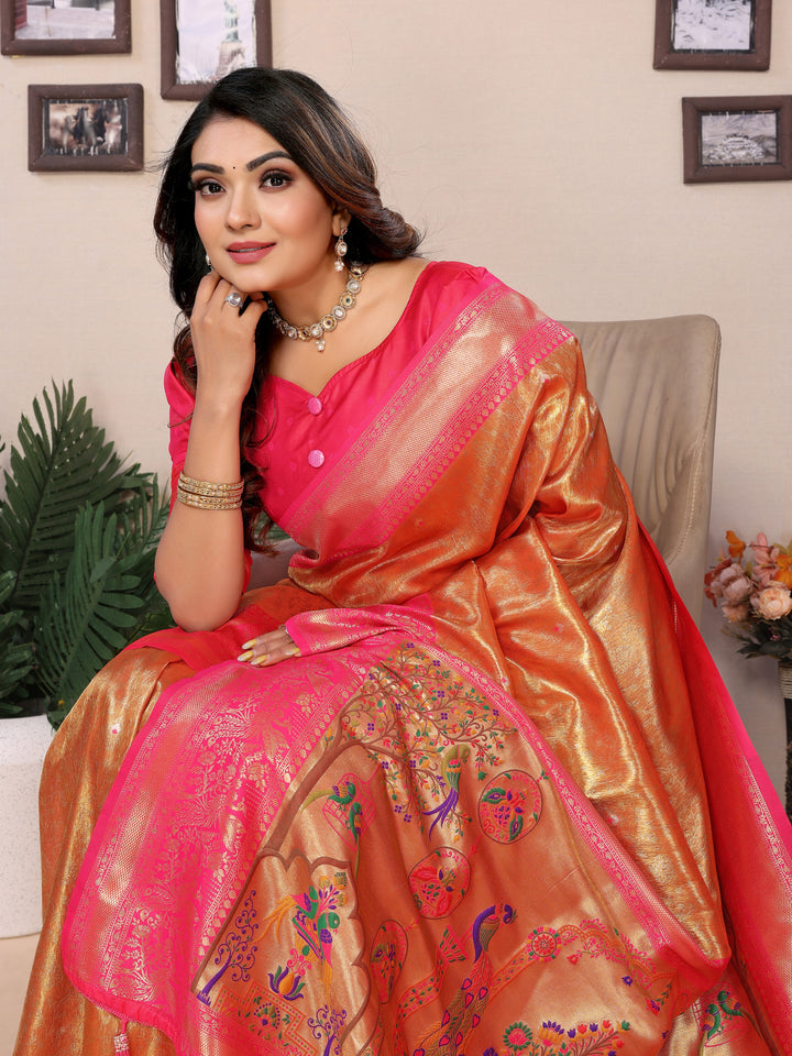 Orange Vantara Banarasi Tissue Silk Saree With Contrast Paithani Woven Borders & Pallu