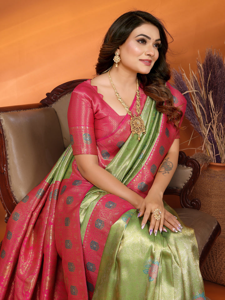 Parrot Saroj Banarasi Silk Saree With Contrast Paithani Woven Borders & Pallu