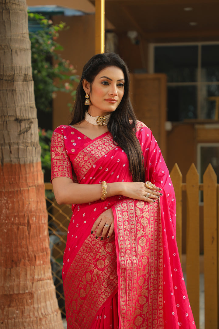Pink Toral Bandhej Kanjivaram Silk Saree Kanjivaram Border With Zari Weaving Rich Pallu