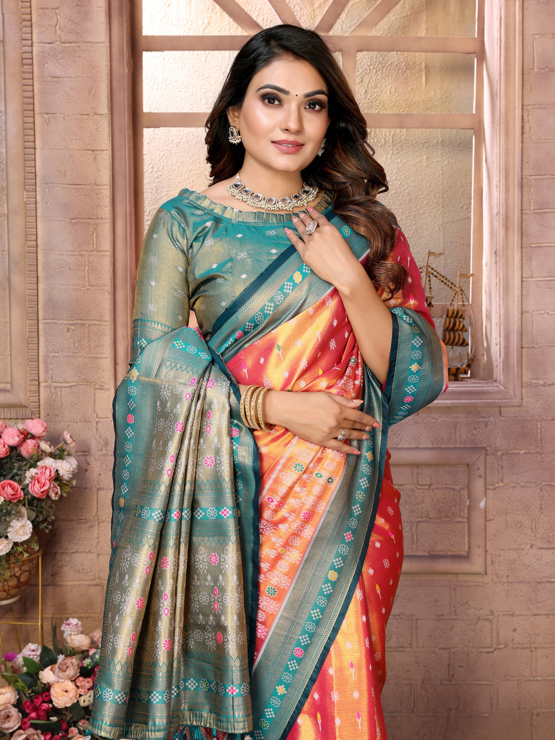 Orange Tarveni Banarasi Tissue Silk (Patola weaving) Saree With Contrast Patola Woven Borders & Pallu