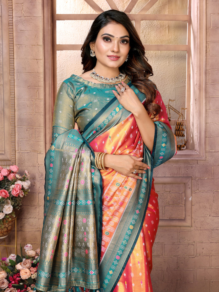 Orange Tarveni Banarasi Tissue Silk (Patola weaving) Saree With Contrast Patola Woven Borders & Pallu