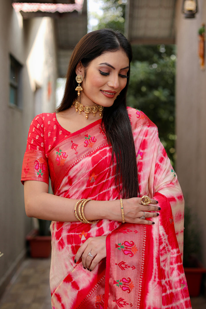 Red Poonam Sibori Print Paithani Silk Sarees With Gold Zari Paithani Border & Contrast Rich Pallu