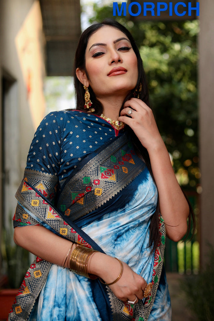Navy Blue Flora Sibori Print Paithani Silk Sarees  With Gold Zari Paithani Border & Contrast  Rich Pallu