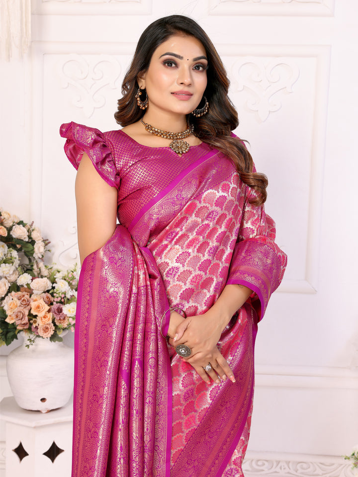 Pink Chaturi-1 Banarasi Chaturi silk saree Jari weaving Border and Weaving rich pallu