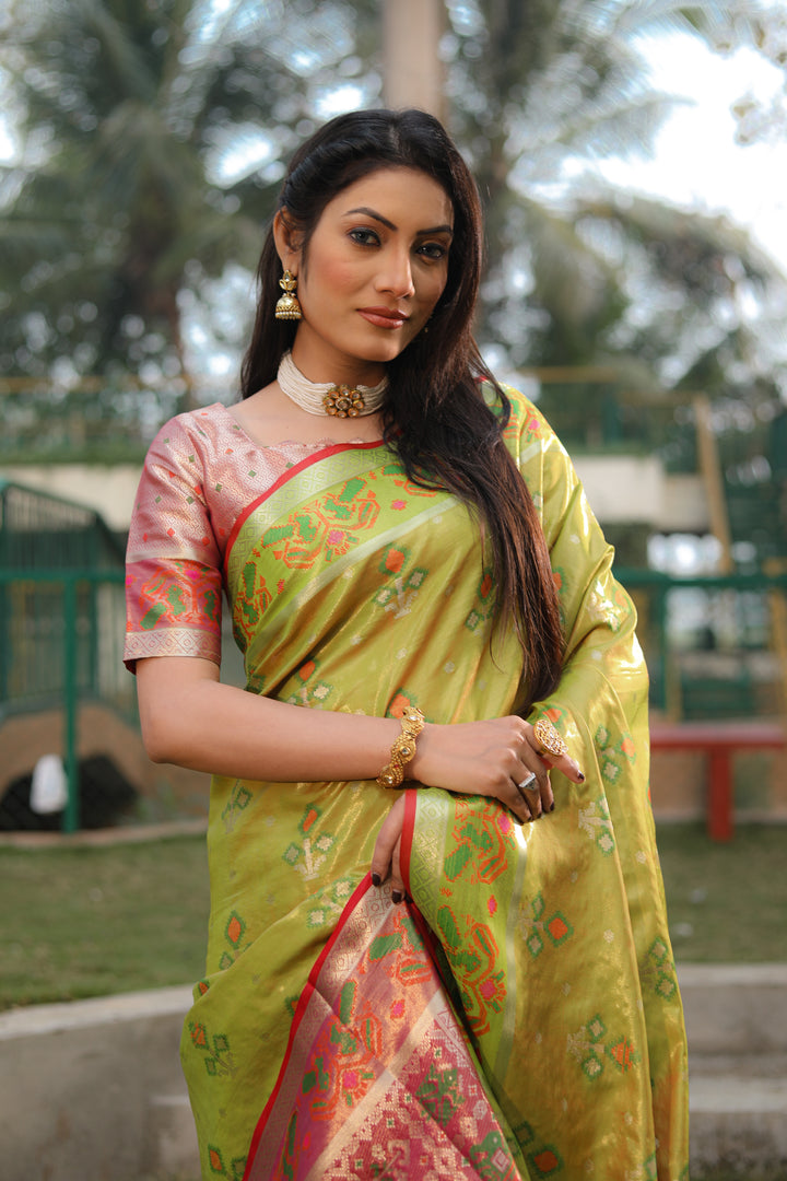 Mehndi-green Isha Organza Silk Sarees Ikkat Patola concept With Ikkat Patola weave pallu with tassels