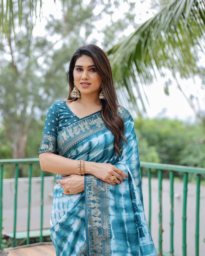 Blue Rangavelly Sibori Print Paithani Silk Sarees With Gold Zari Paithani Border & Contrast Rich Pallu