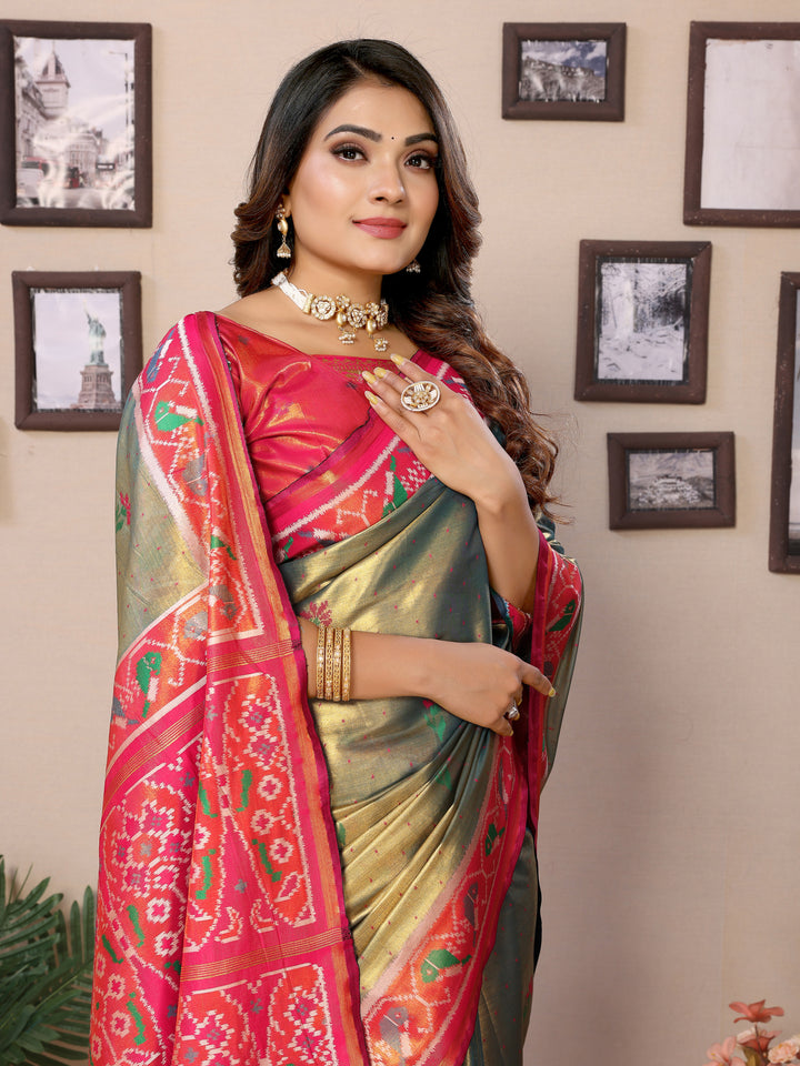 Green Surekha Banarasi Silk Saree With Contrast Patola Woven Borders & Pallu