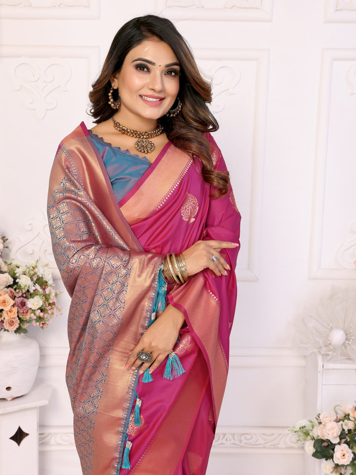 Pink Vardhman Lichi soft Silk sarees woven Butta concept & woven Zari borders both sides