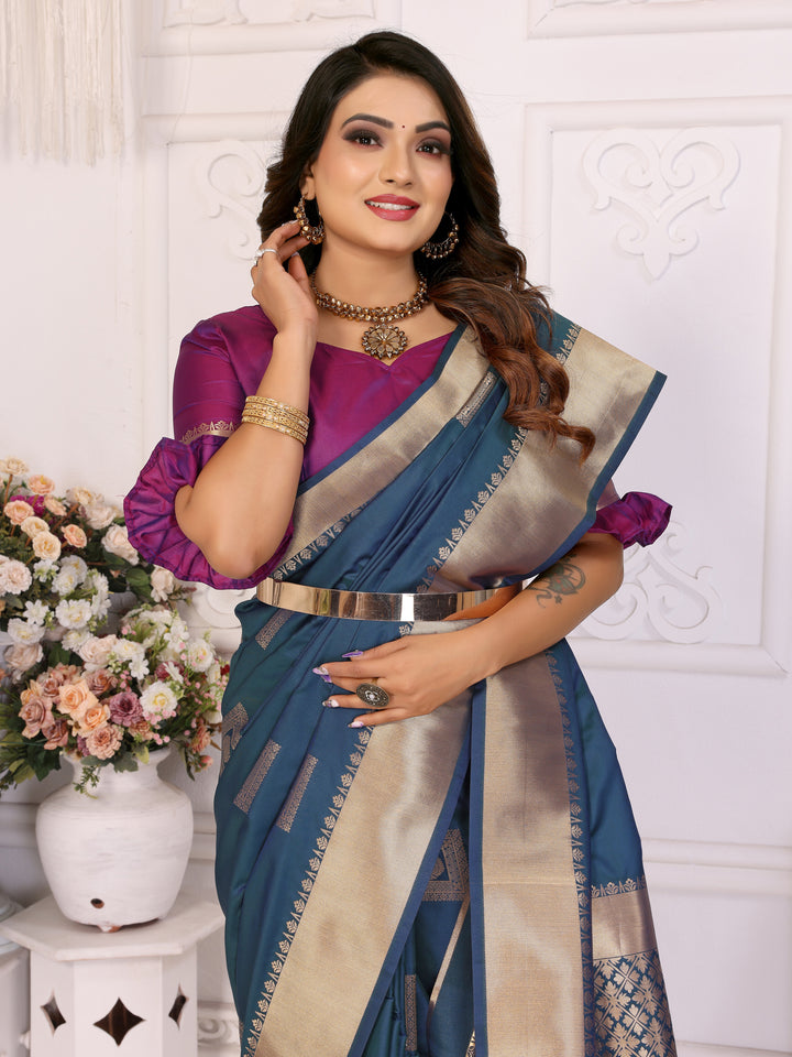 Blue Sameera Lichi soft Silk sarees & woven Butta concept With woven Zari borders both sides
