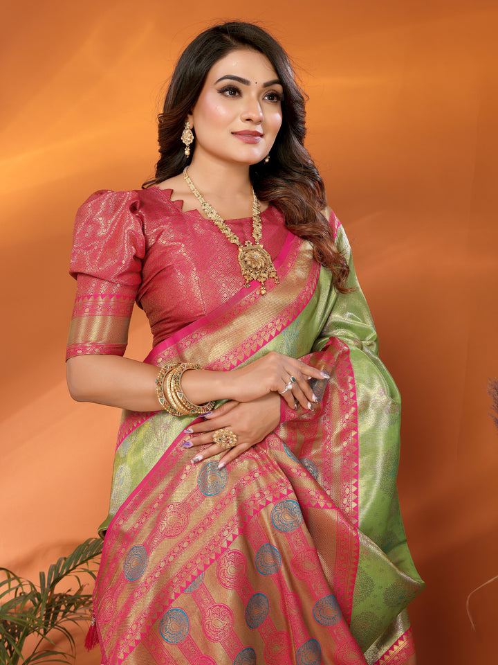 Parrot Sonali Banarasi Silk Saree With Contrast Paithani Woven Borders & Pallu