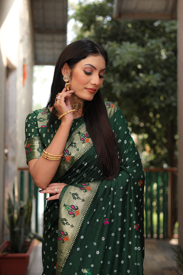 Green Yogeshwari Dola Soft Silk Bandhej Saree With Jari Border & Weaving Paithani Style Rich Pallu
