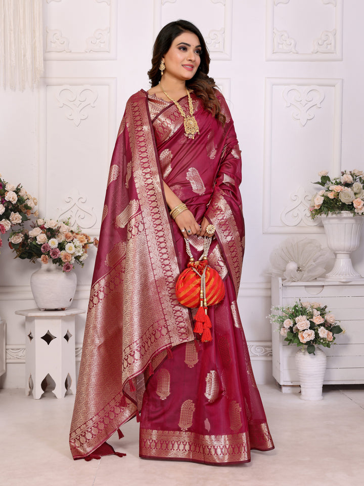 Maroon Vanshika Soft Organza Silk Banarasi Saree With Unique Butta With Unique Colours