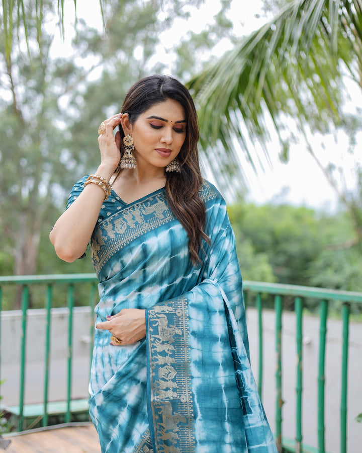 Blue Rangavelly Sibori Print Paithani Silk Sarees With Gold Zari Paithani Border & Contrast Rich Pallu