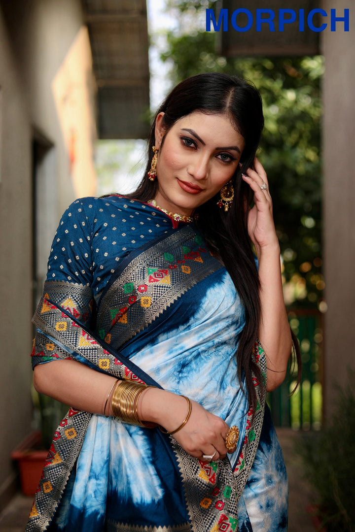 Navy Blue Flora Sibori Print Paithani Silk Sarees  With Gold Zari Paithani Border & Contrast  Rich Pallu