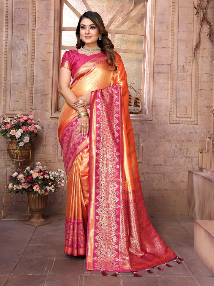 Orange Sundari Banarasi Tissue Silk Saree With Contrast Banarasi Woven Borders & Pallu