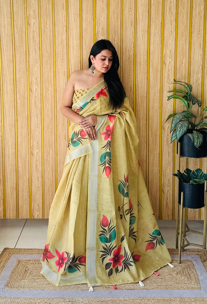 Yellow Muskan Soft Linen Cotton Digital Print Sarees With Batik Print With Silver Border