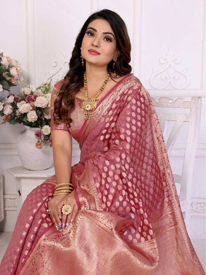 Pink Aruni Soft Organza Silk Banarasi Saree With Unique Butta With Unique Colours