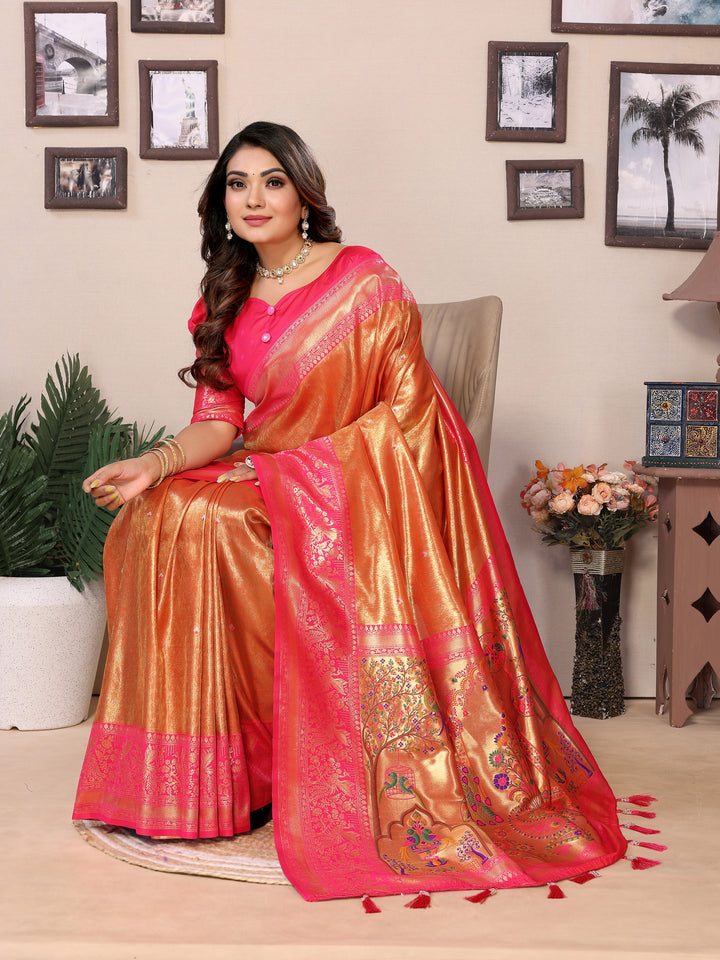 Orange Vantara Banarasi Tissue Silk Saree With Contrast Paithani Woven Borders & Pallu