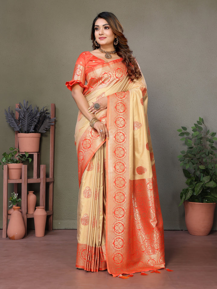 Orange Jugani Viscose Silky Sarees And weaving Butties with contrast border, Rich pallu