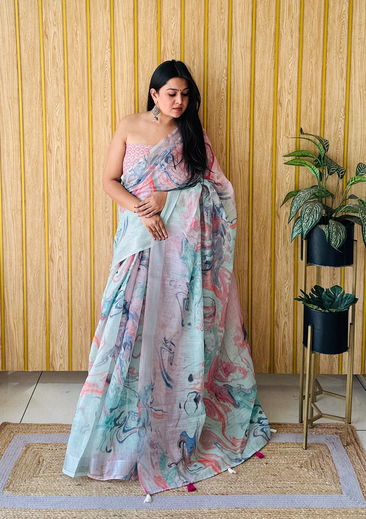 Multi Aashvi Soft Linen Cotton Digital Print Sarees With Batik Print With Silver Border