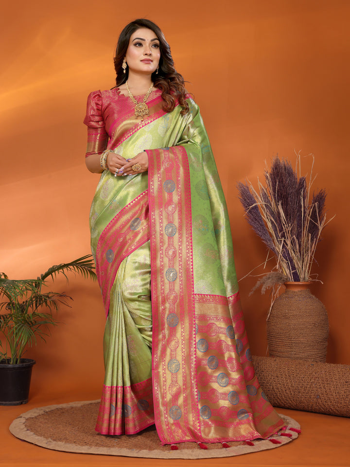 Parrot Sonali Banarasi Silk Saree With Contrast Paithani Woven Borders & Pallu