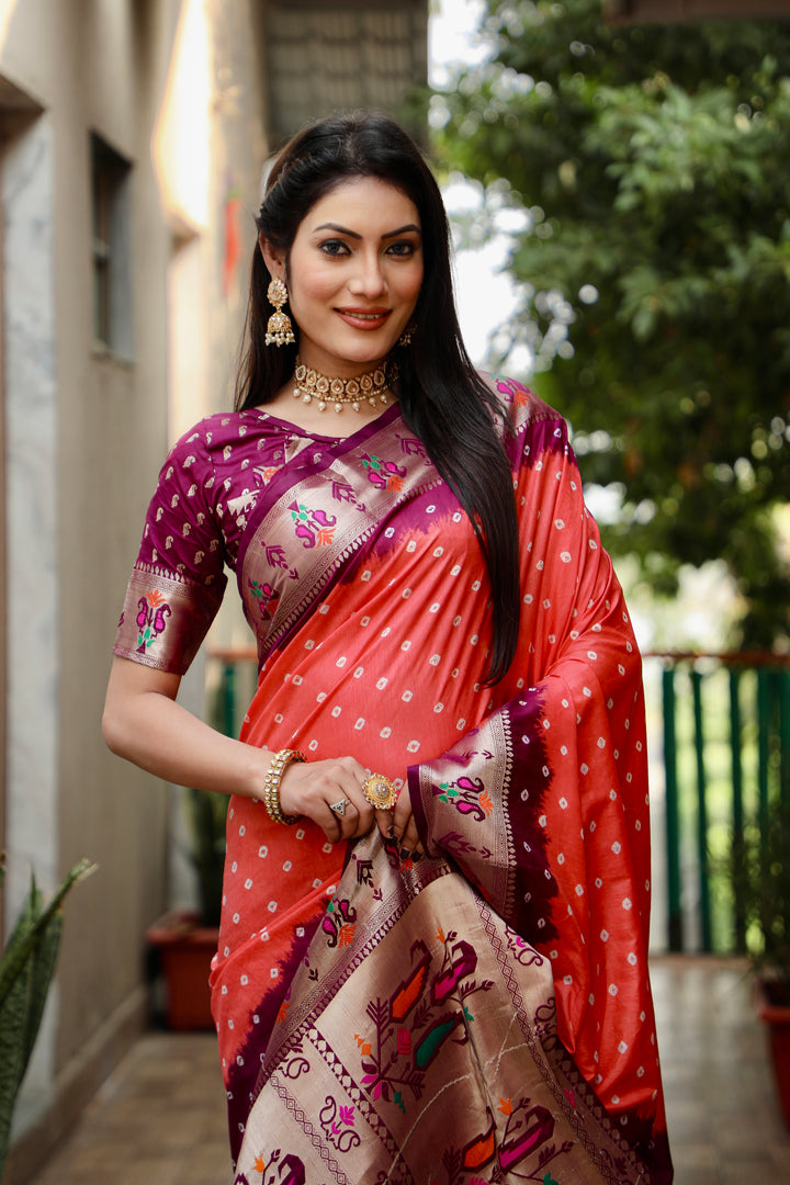 Peach Chandani Dola Soft Silk Bandhej Saree With Jari Paithani Border