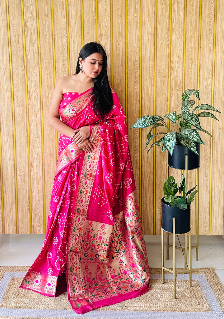 Pink Deewani Pure Bandhej Silk Saree With Patola Border With Zari Weaving Paithani Rich Pallu Saree