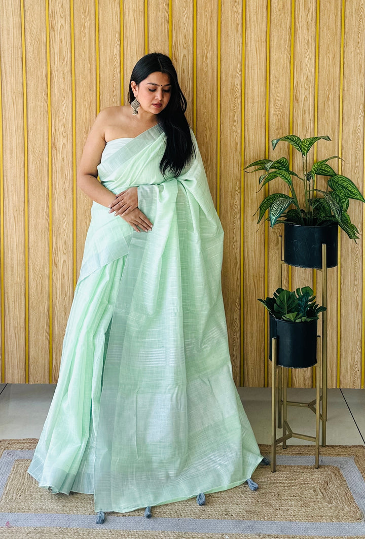 Green Sidhdhi Linen Chex Concept Sarees With Linning Weaving All Over Saree