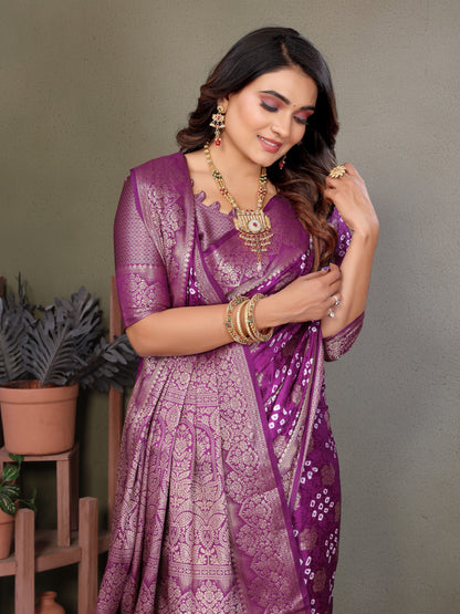 Purple Shakuntala Bandhej Silk Saree With Zari Weaving Butta & Zari Rich Pallu With Beautiful Design & Broad Border